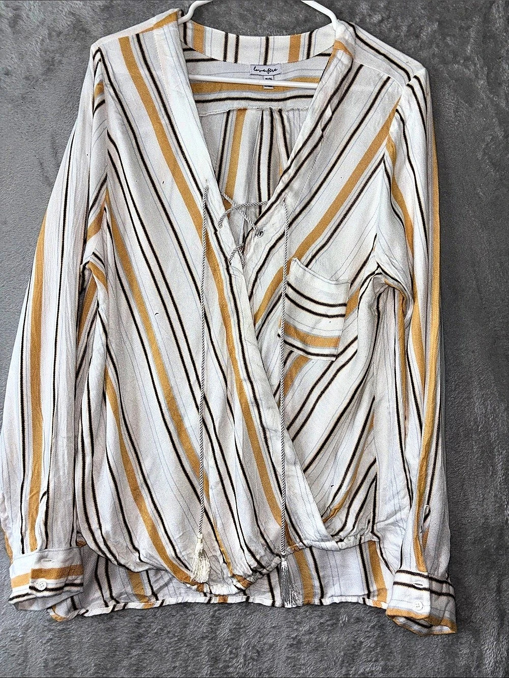 Love, Fire Pinstripe Lace-Up Blouse White & Brown XL